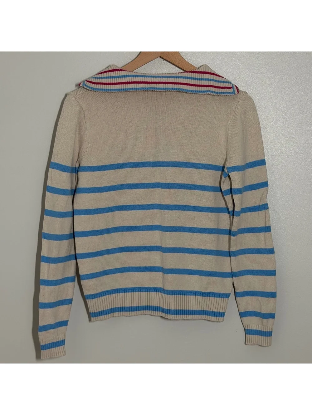 J Crew Womens XS Striped Quarter Zip Sweater Cotton Blue Cream Nautical Preppy